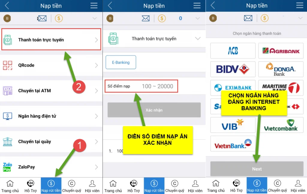 Nạp tiền qua Thanh toán trực tuyến