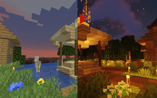 Khung cảnh buổi tối trước và sau khi cài Mod minecraft